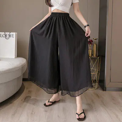 Pantalon large taille haute en mousseline pour femme