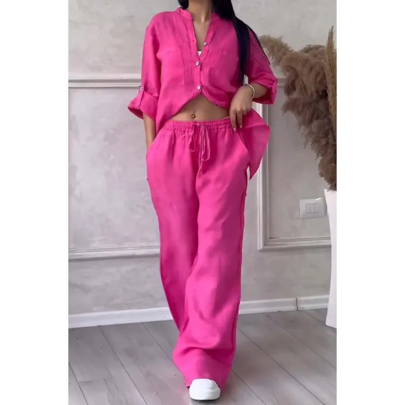 Pantalon à Jambes Larges et Haut à Lacets pour Femme, Ensemble Deux Pièces