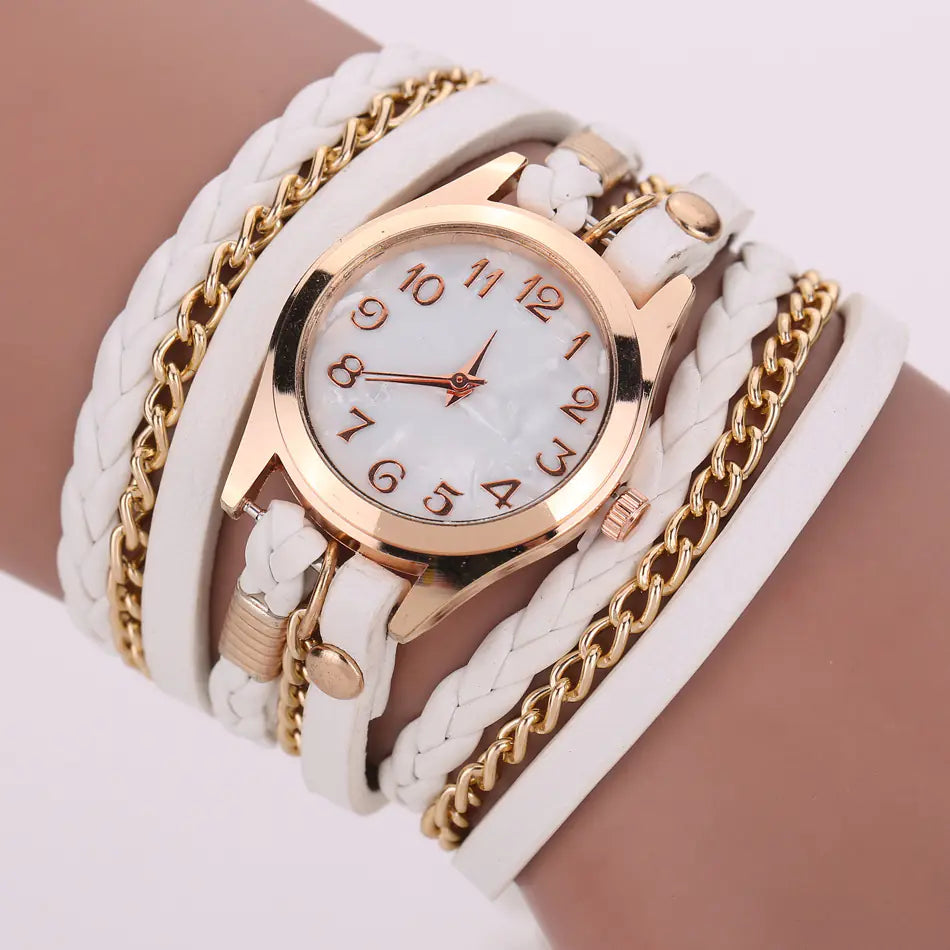 Montre-bracelet en cuir synthétique tissé avec chaîne à quartz