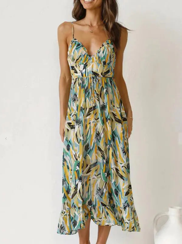 Robe mi-longue colorée avec ourlet à volants