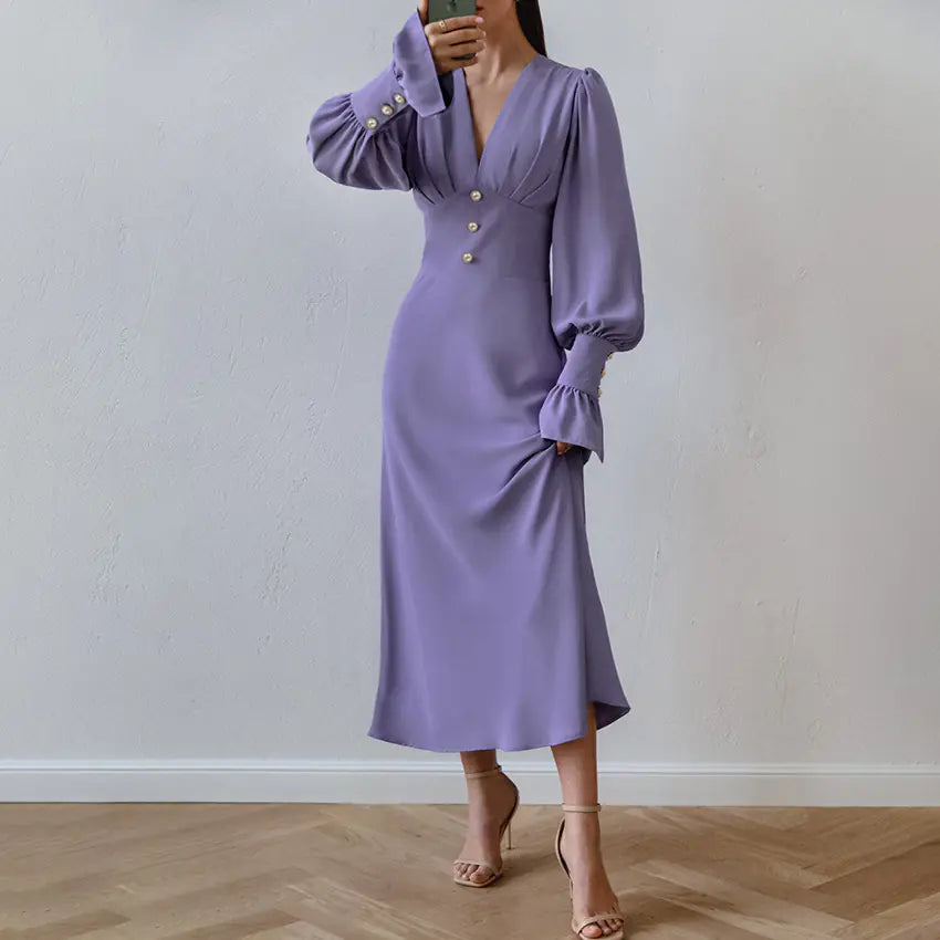Robe à manches lanternes et col en V - Style rétro élégant