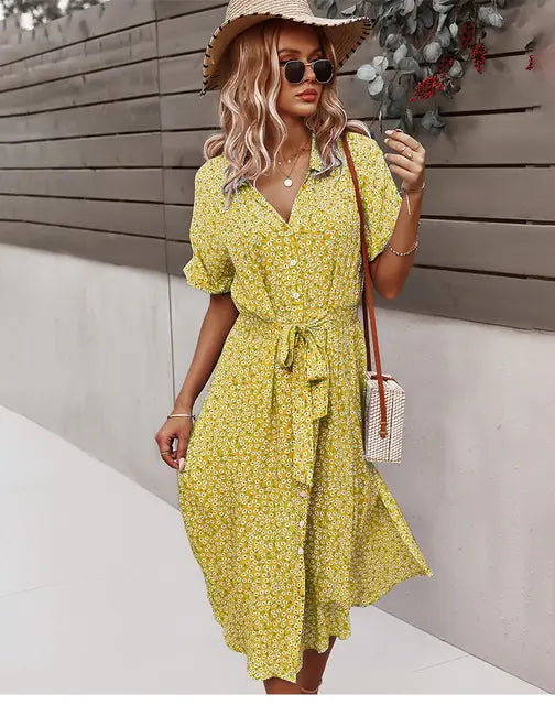 Robe mi-longue fleurie d'été à col en V pour femme