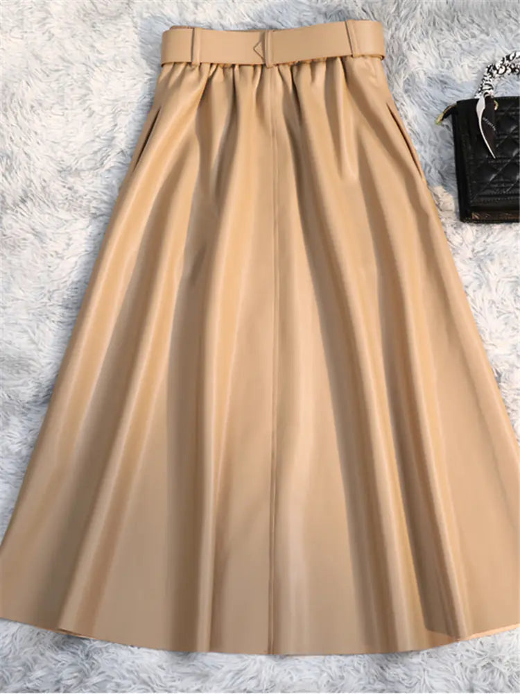 Jupe longue classique en similicuir avec ceinture