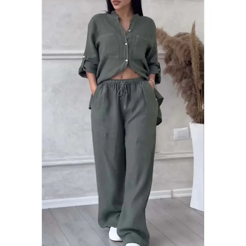 Pantalon à Jambes Larges et Haut à Lacets pour Femme, Ensemble Deux Pièces