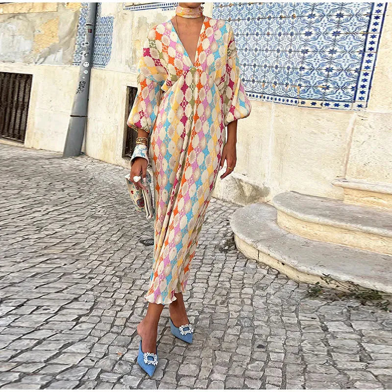 Robe imprimée rétro ample à manches lanternes et col en V