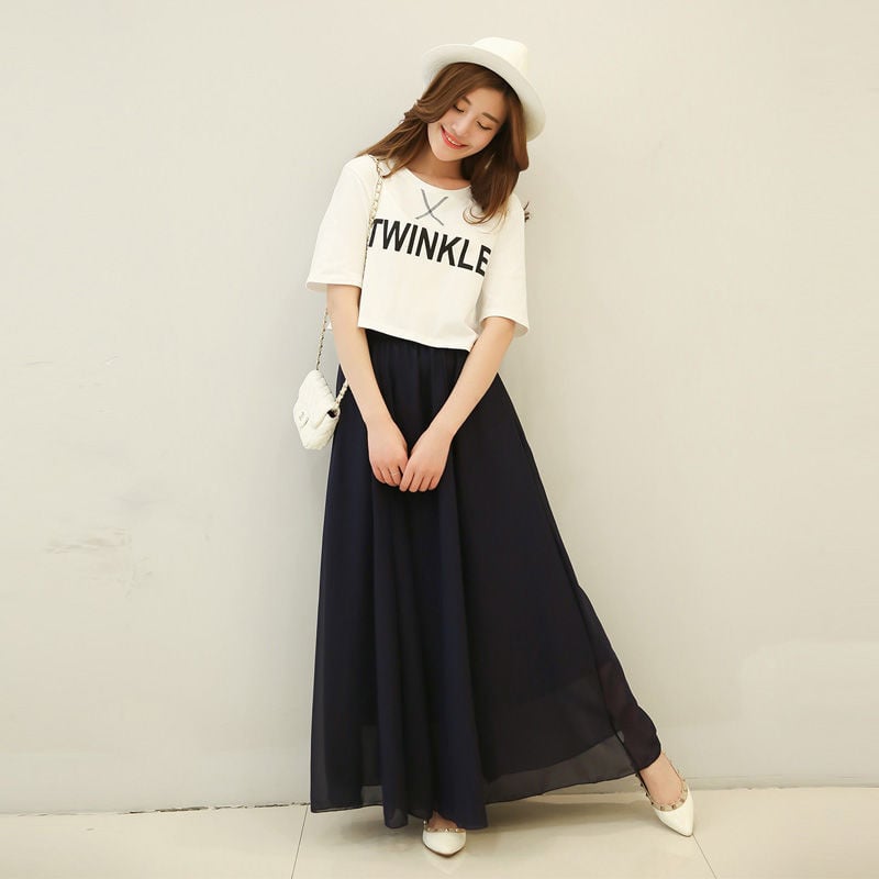 Jupe mi-longue taille haute en mousseline de soie