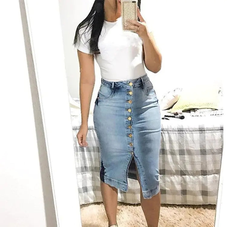Jupe longue en jean slim boutonnée