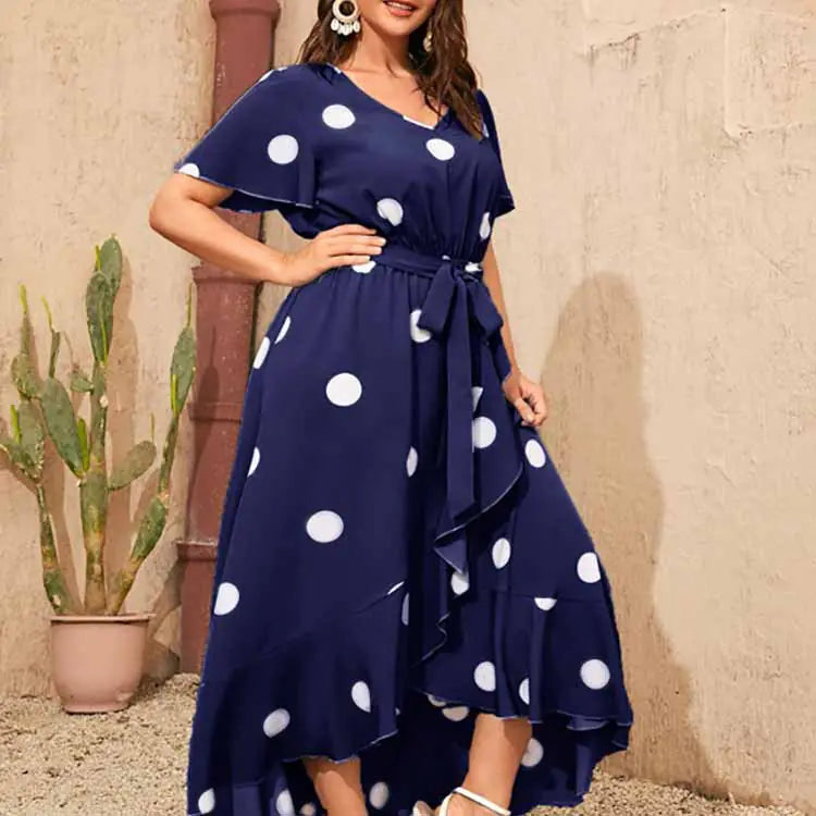 Robe grande taille à pois, col en V, avec ceinture nouée, 4XL