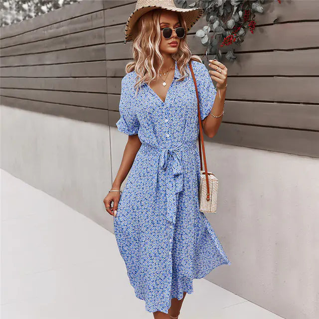 Robe mi-longue fleurie d'été à col en V pour femme