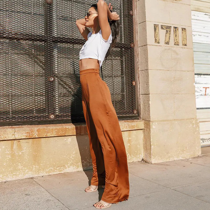Pantalon large décontracté taille haute couleur camel