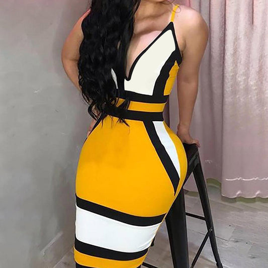 Robe moulante à blocs de couleurs et décolleté en V profond avec bretelles
