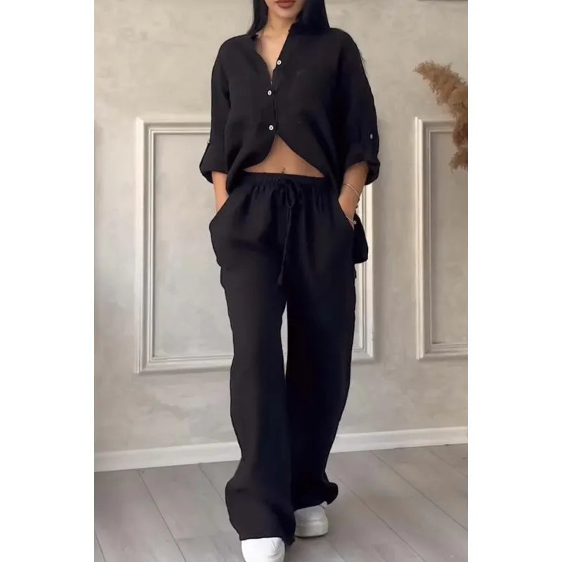 Pantalon à Jambes Larges et Haut à Lacets pour Femme, Ensemble Deux Pièces
