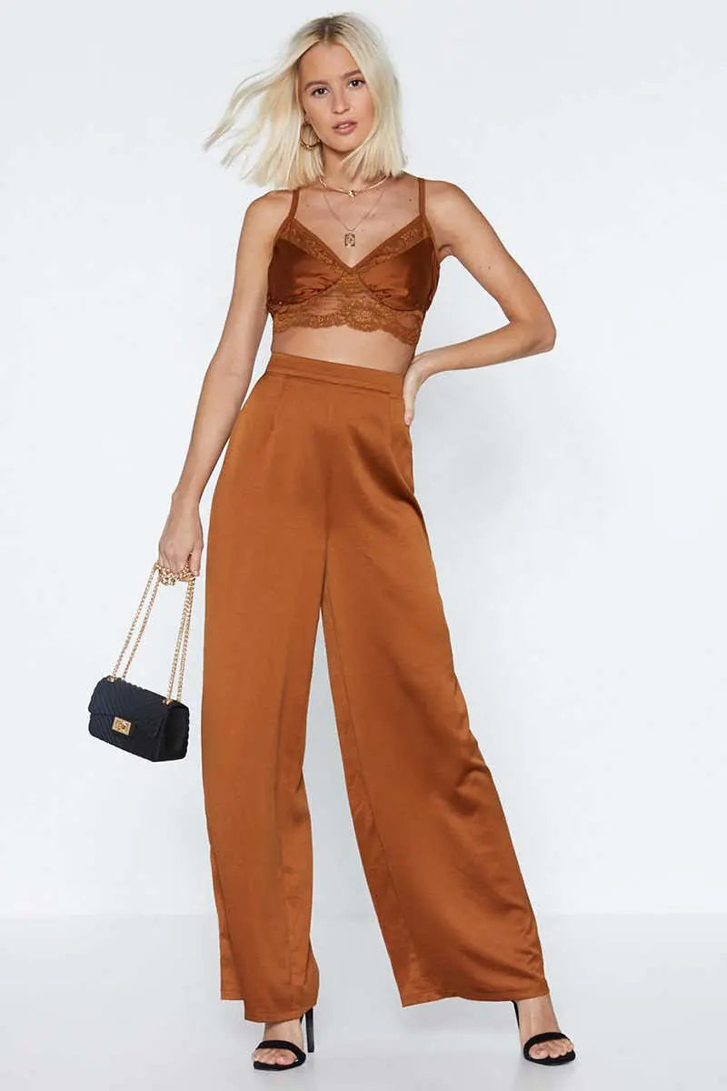 Pantalon large décontracté taille haute couleur camel