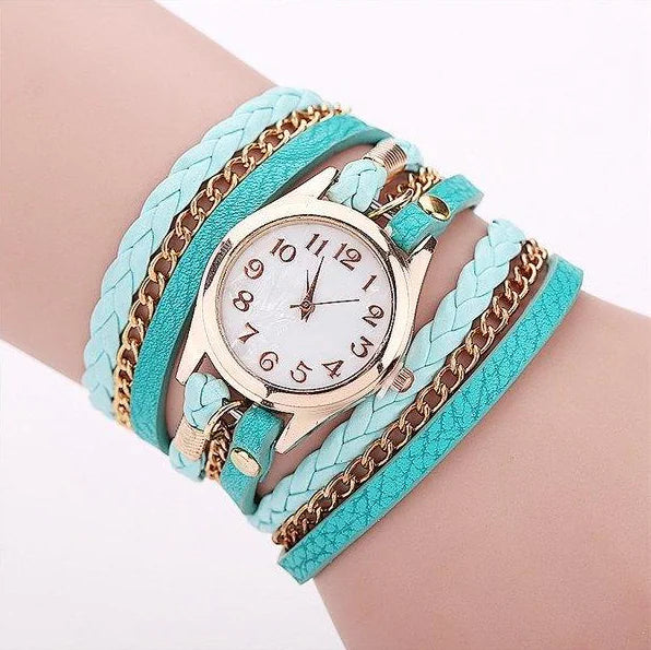 Montre-bracelet en cuir synthétique tissé avec chaîne à quartz