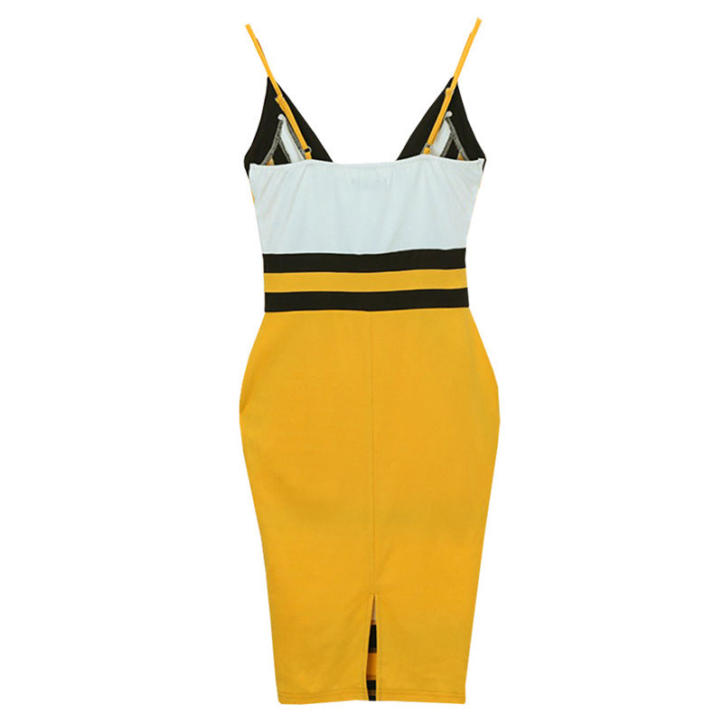 Robe moulante à blocs de couleurs et décolleté en V profond avec bretelles