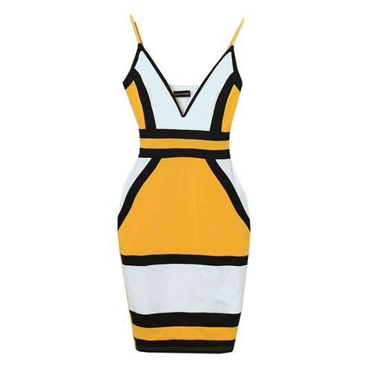 Robe moulante à blocs de couleurs et décolleté en V profond avec bretelles