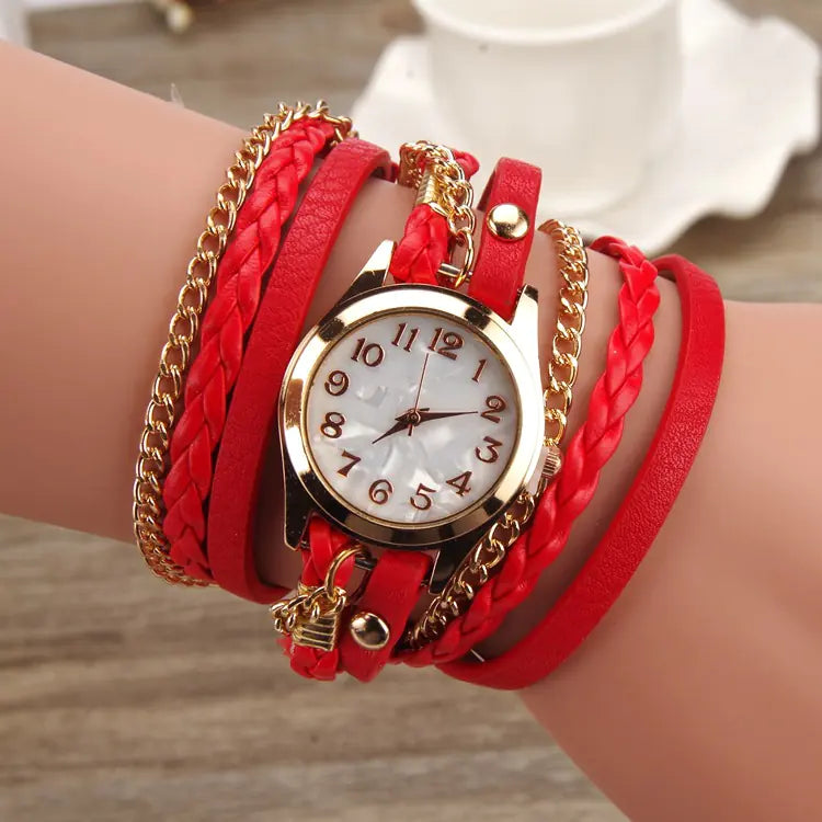 Montre-bracelet en cuir synthétique tissé avec chaîne à quartz