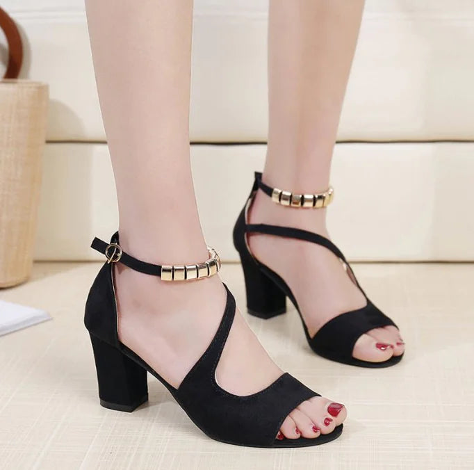 Sandales à Talons Hauts en Daim avec Bout Ouvert et Boucle