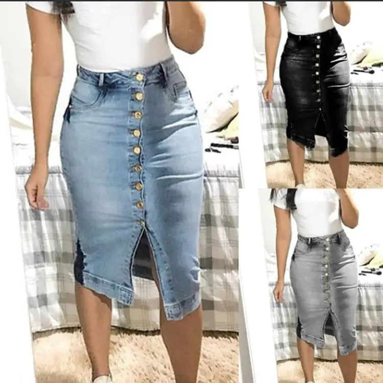 Jupe longue en jean slim boutonnée