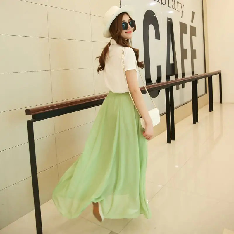 Jupe mi-longue taille haute en mousseline de soie