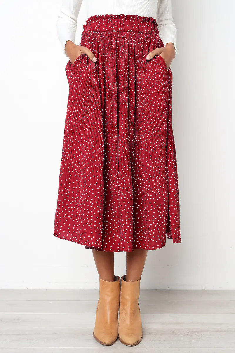 Jupe midi plissée à pois tendance avec poches