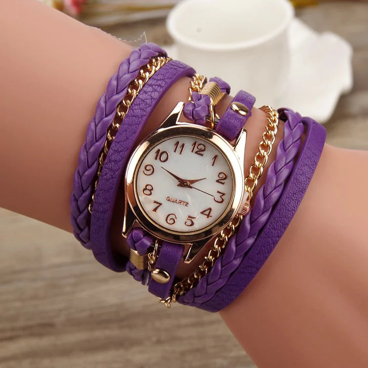 Montre-bracelet en cuir synthétique tissé avec chaîne à quartz