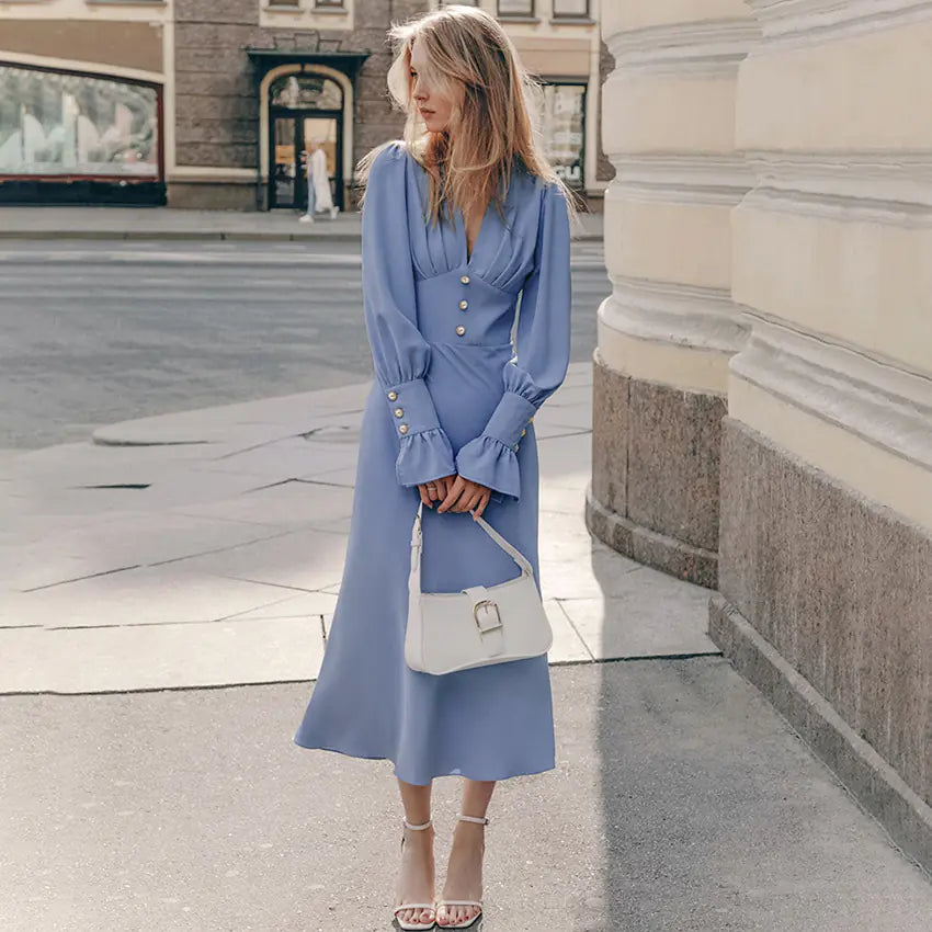 Robe à manches lanternes et col en V - Style rétro élégant