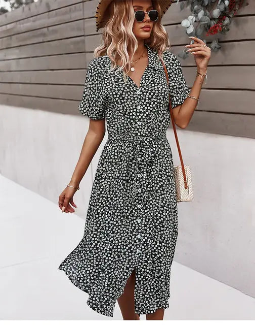 Robe mi-longue fleurie d'été à col en V pour femme