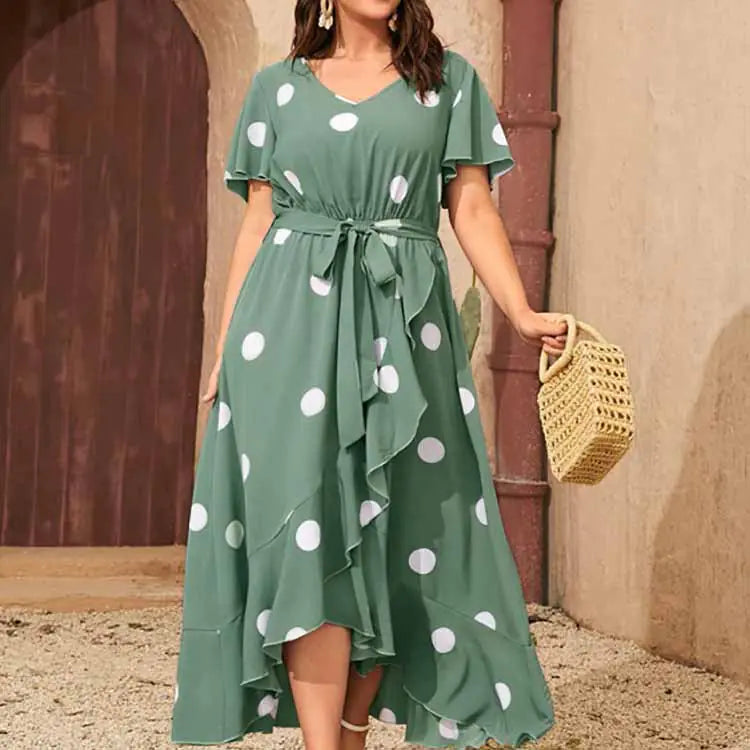 Robe grande taille à pois, col en V, avec ceinture nouée, 4XL