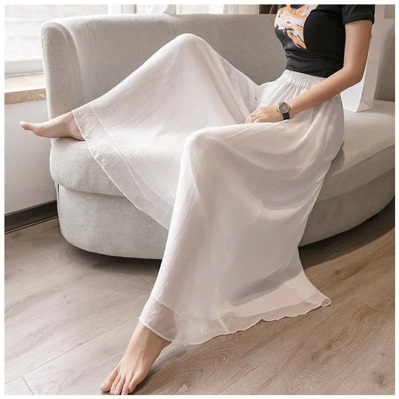 Pantalon large taille haute en mousseline pour femme