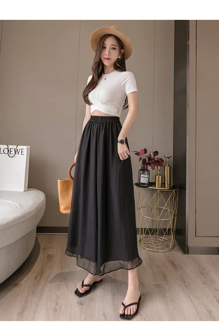 Pantalon large taille haute en mousseline pour femme