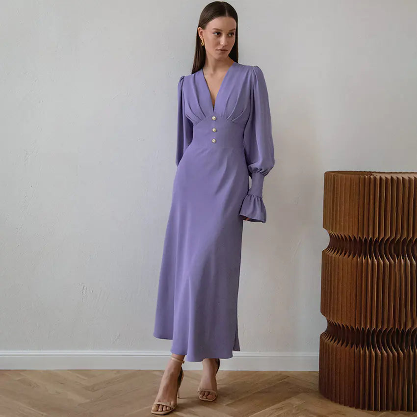 Robe à manches lanternes et col en V - Style rétro élégant