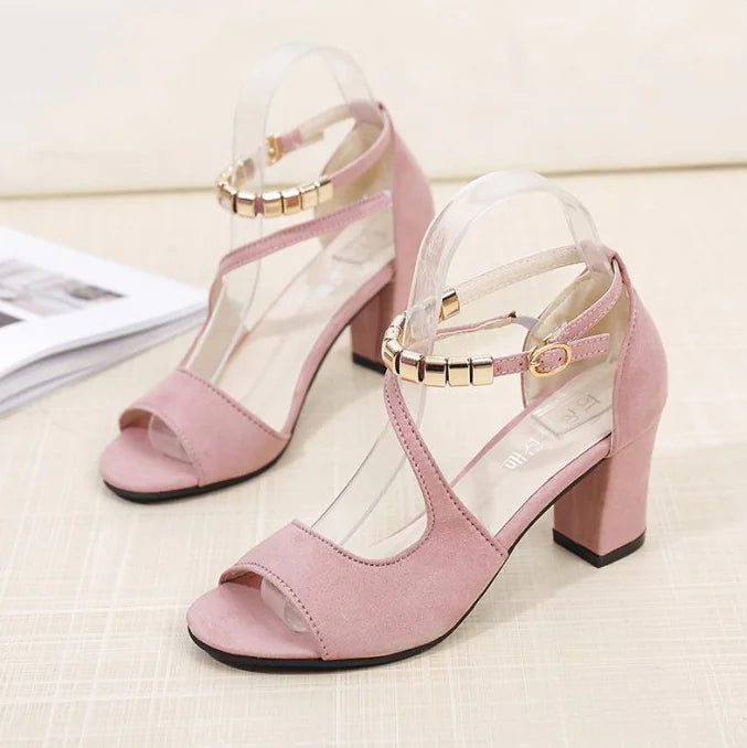 Sandales à Talons Hauts en Daim avec Bout Ouvert et Boucle