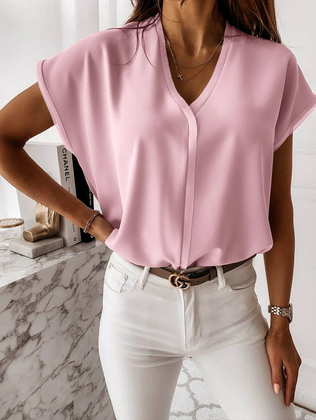 Women's Summer V Neck Chiffon Blouse T-shirt S-XL
