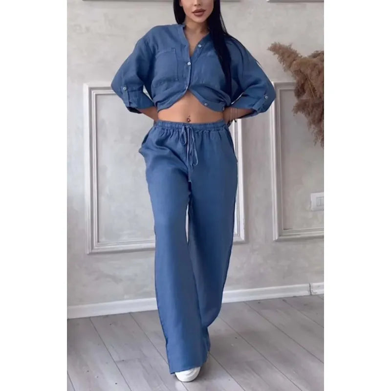 Pantalon à Jambes Larges et Haut à Lacets pour Femme, Ensemble Deux Pièces