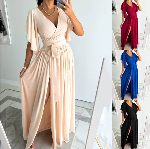 Robe portefeuille plissée chic à col en V