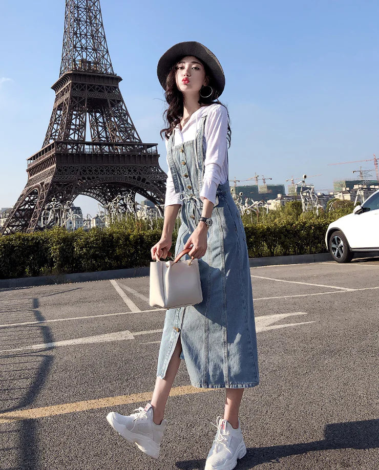 Robe en jean à bretelles boutonnées, robe salopette en jean