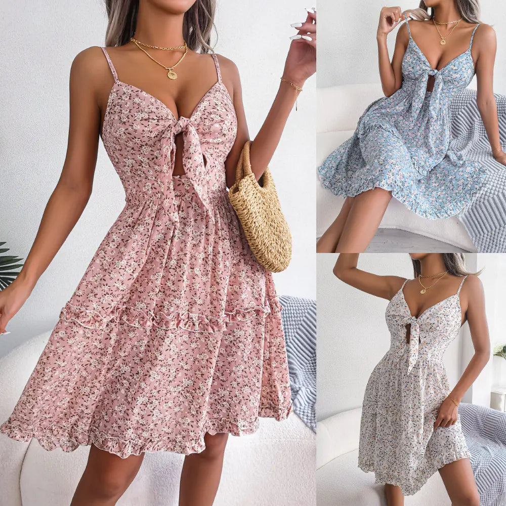 Robe à volants et col en V avec nœud floral pour les vacances