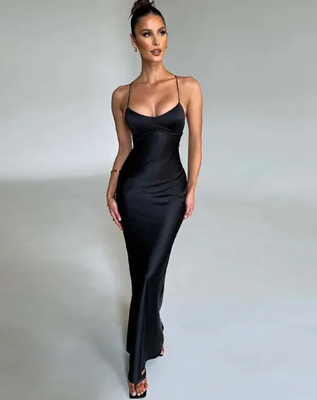 Robe longue portefeuille ajustée dos nu