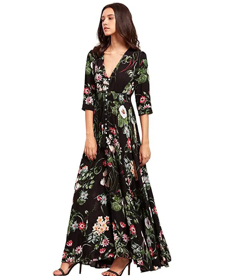 Bohemian Maxi Dresses with Button Floral Design