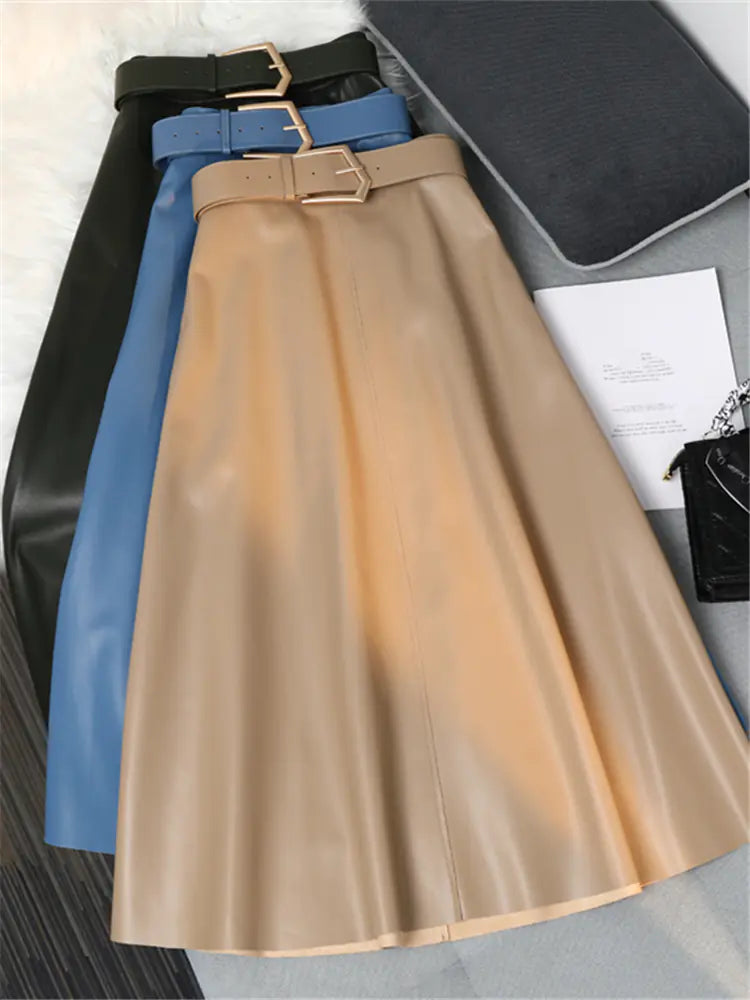 Jupe longue classique en similicuir avec ceinture