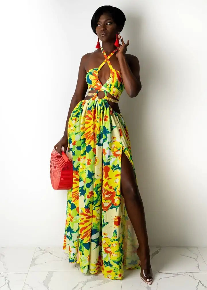 Robe dos nu imprimée sans manches pour femme