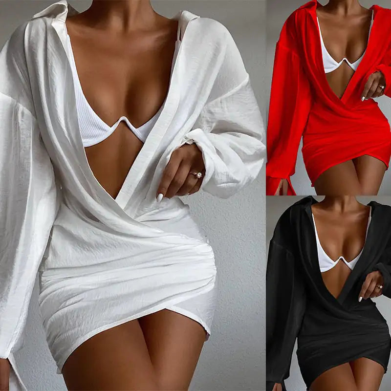 Mini-robe à manches longues et col en V profond de couleur unie