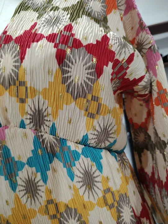 Robe imprimée rétro ample à manches lanternes et col en V