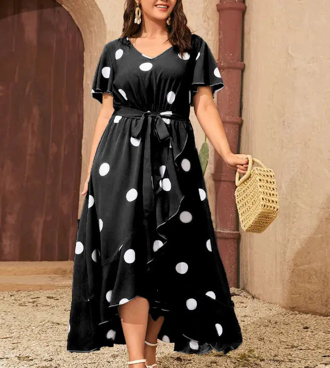 Robe grande taille à pois, col en V, avec ceinture nouée, 4XL