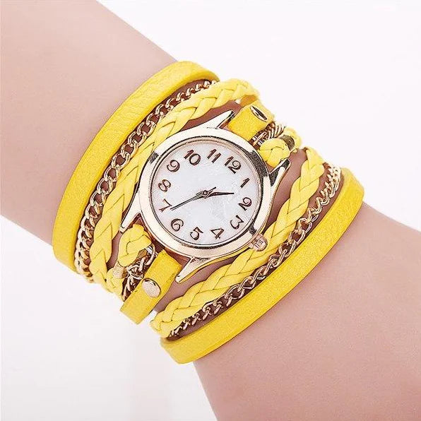 Montre-bracelet en cuir synthétique tissé avec chaîne à quartz