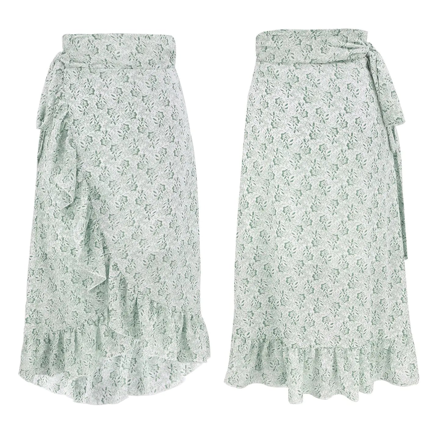 Jupe trapèze taille haute en mousseline de soie à volants et fleurs