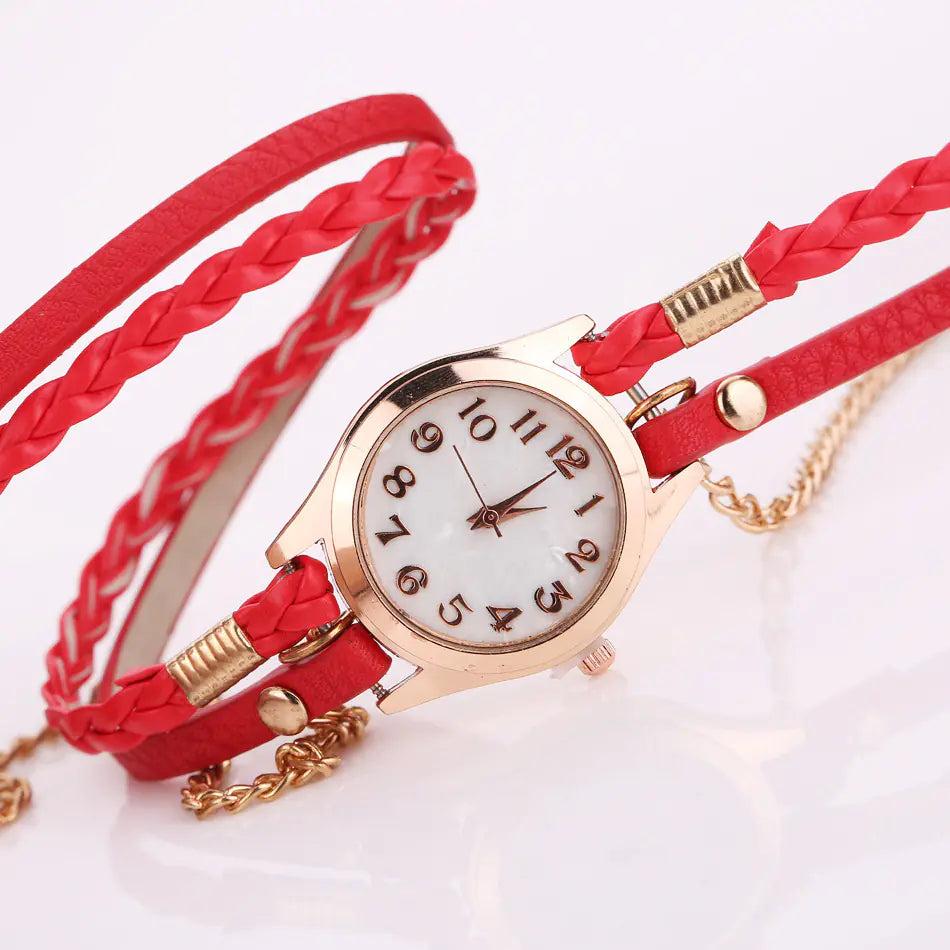 Montre-bracelet en cuir synthétique tissé avec chaîne à quartz