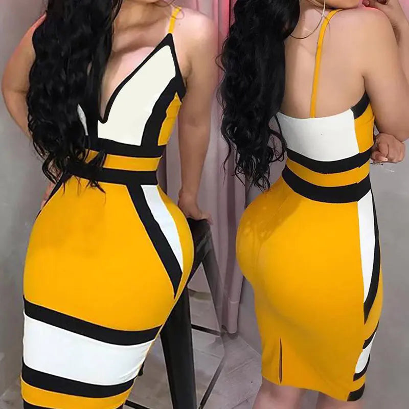 Robe moulante à blocs de couleurs et décolleté en V profond avec bretelles