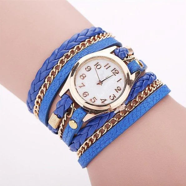 Montre-bracelet en cuir synthétique tissé avec chaîne à quartz